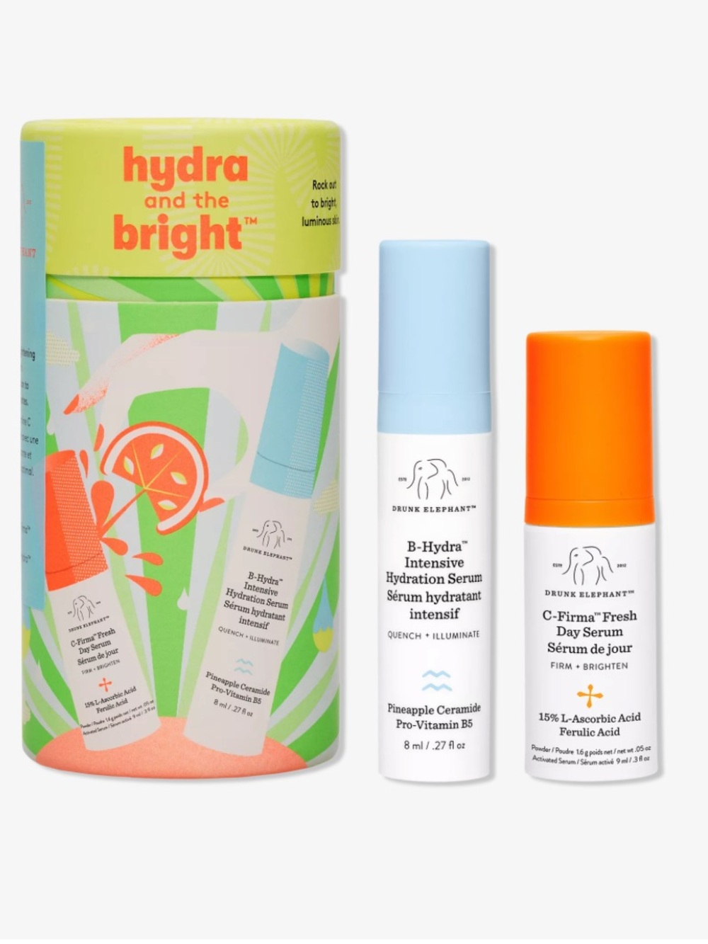 Drunk Elephant hydra and the bright B-Hydra & C-Firma Skincare Duo